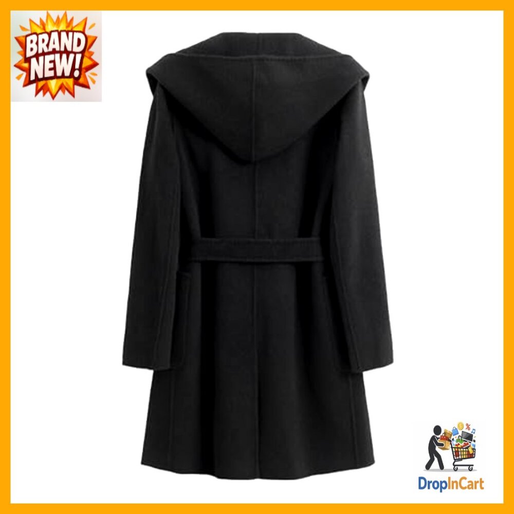 Wool Blend Trench Coat Long Sleeve Open Front Belted Casual Chic Winter Overcoat - Picture 6 of 7